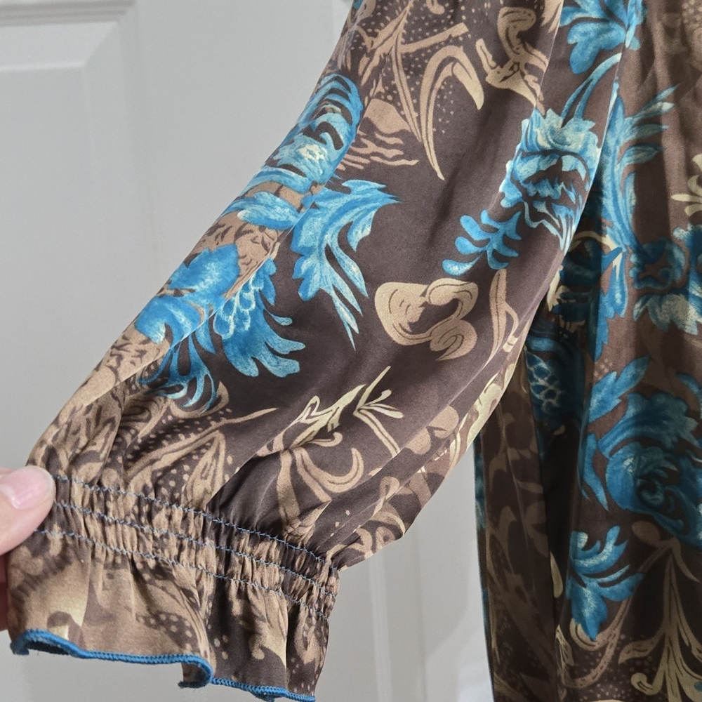 Dressbarn Satin Floral Blouse Brown Blue Paisley Cottagecore 3/4‎ Sleeve Sz 1X - Picture 6 of 11
